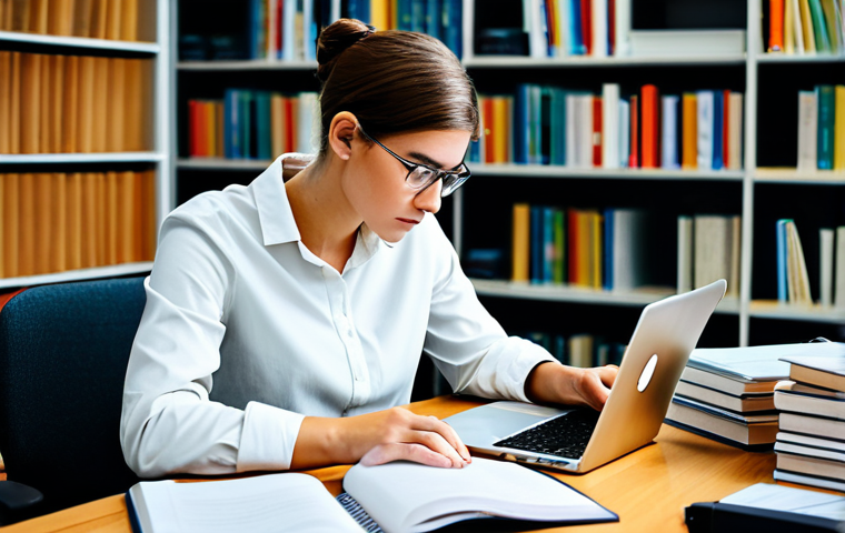 A professional student, in modest business casual attire, meticulously organizing study notes and a detailed weekly planner on a clean wooden desk in a quiet, well-lit modern library. The student is deep in thought, reviewing complex concepts, with books and a laptop neatly arranged around them. The atmosphere is calm and productive, conveying deep concentration and strategic learning. fully clothed, appropriate attire, safe for work, perfect anatomy, correct proportions, natural pose, well-formed hands, proper finger count, natural body proportions, professional photography, high quality.