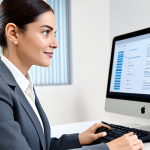 **

A professional female administrative agent, fully clothed in a modest business suit, assisting a client with paperwork in a modern, well-lit office. The agent is using a computer with a chatbot interface. The scene emphasizes efficiency and technology. Safe for work, appropriate content, professional, perfect anatomy, natural proportions, well-formed hands, proper finger count.

**